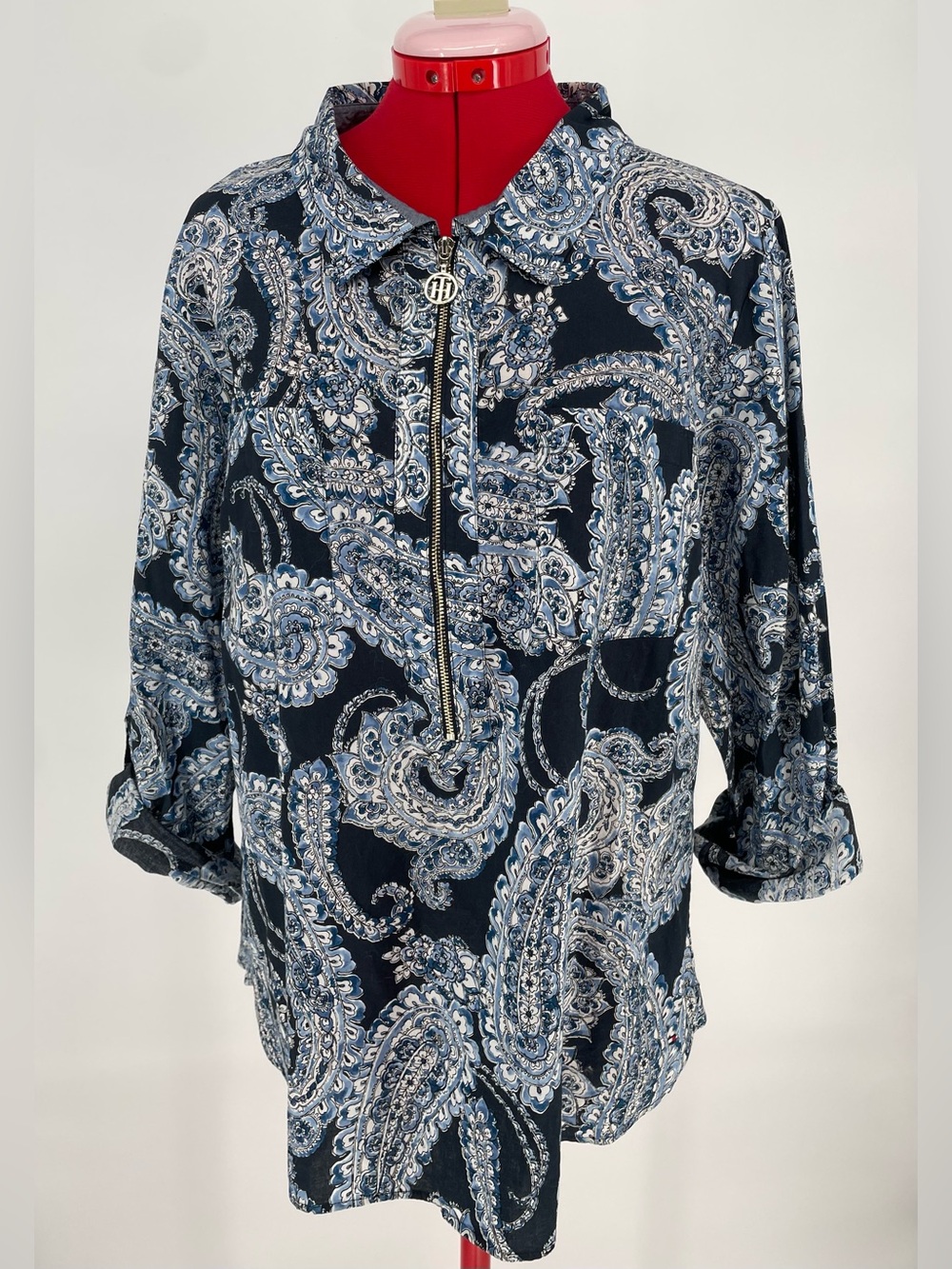 Tommy Hilfiger 100% Cotton Navy Blue Floral Paisley Preppy Blouse Zip Front